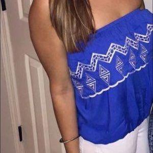 Blue strapless top